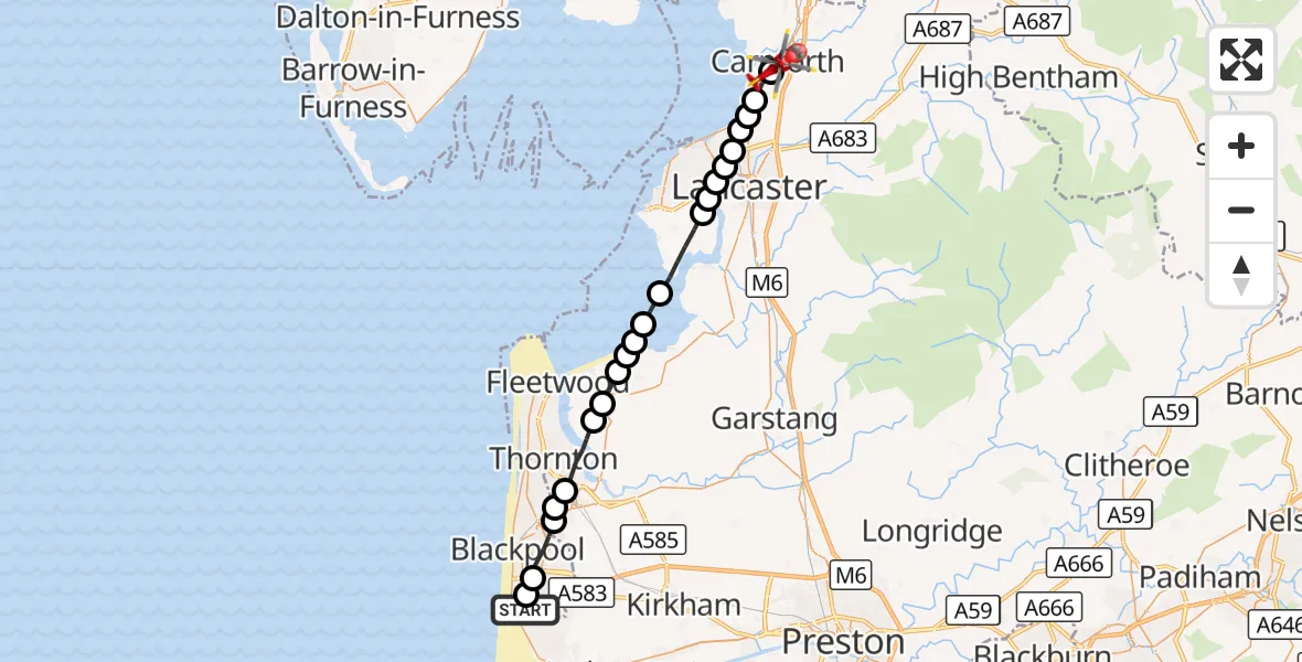 Flight route Air Ambulance Helicopter Blackpool Airport - Carnforth, 10 September 2026, 10:20