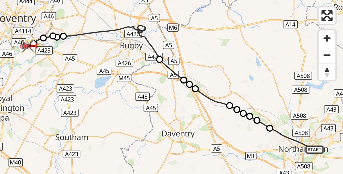 Flight route Air Ambulance Helicopter Northampton - Coventry Airport, 10 September 2026, 10:24