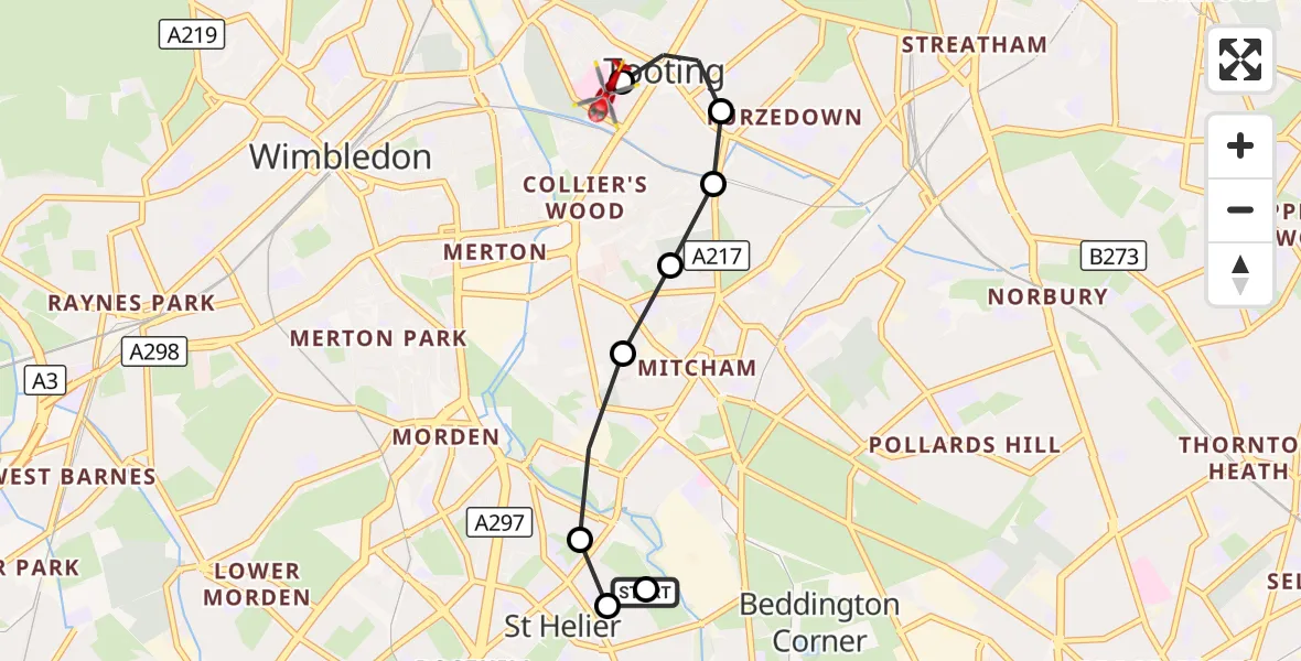 Flight route Air Ambulance Helicopter Hackbridge - St Georges Hospital, 10 September 2026, 10:25