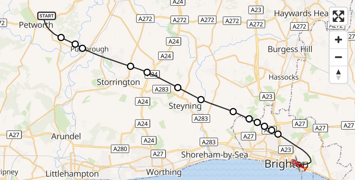 Flight route Air Ambulance Helicopter Petworth - Brighton, 10 September 2026, 10:29