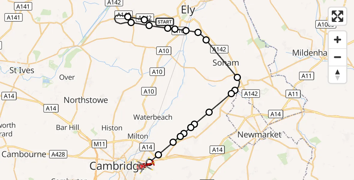 Flight route Air Ambulance Helicopter Witchford - Cambridge City Airport, 10 September 2026, 10:37
