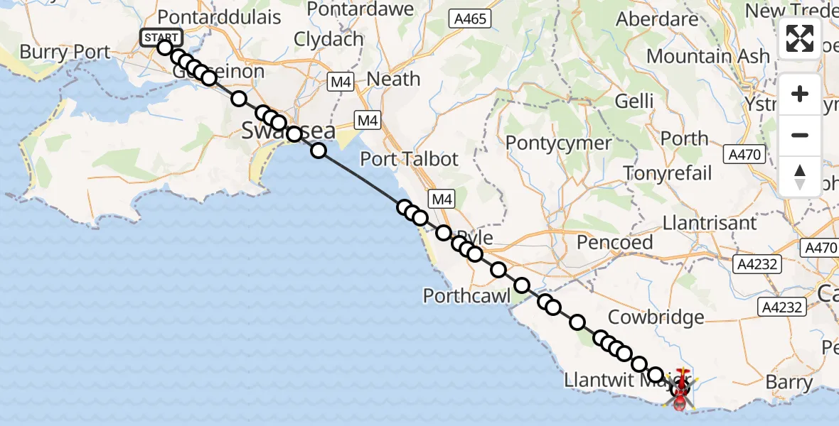Flight route Air Ambulance Helicopter Dafen - MOD St Athan, 10 September 2026, 10:37