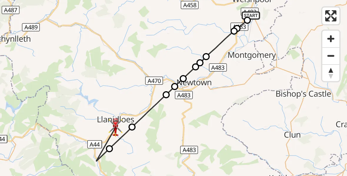 Flight route Air Ambulance Helicopter Welshpool Airport - Llanidloes, 10 September 2026, 10:40