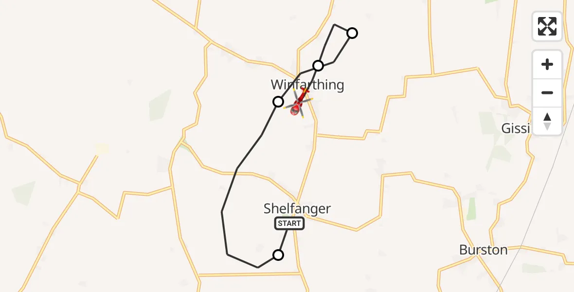 Flight route Air Ambulance Helicopter Diss - Winfarthing, 10 September 2026, 10:42