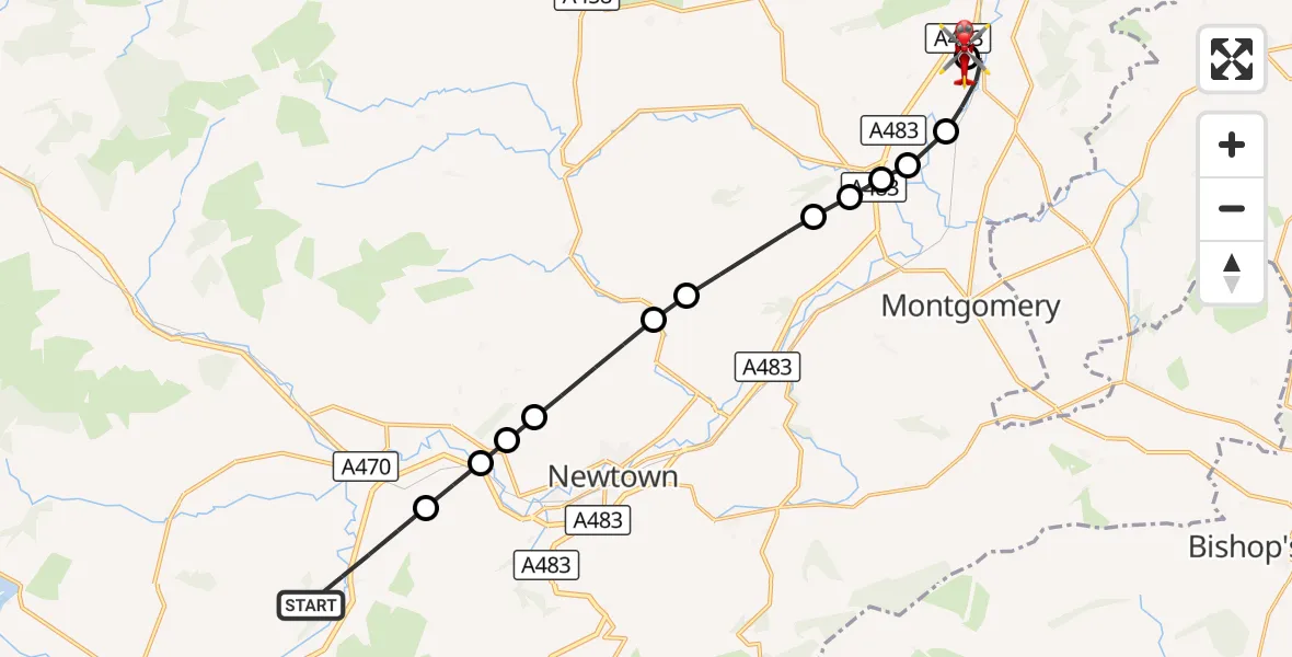Flight route Air Ambulance Helicopter Llandinam - Welshpool Airport, 10 September 2026, 10:59
