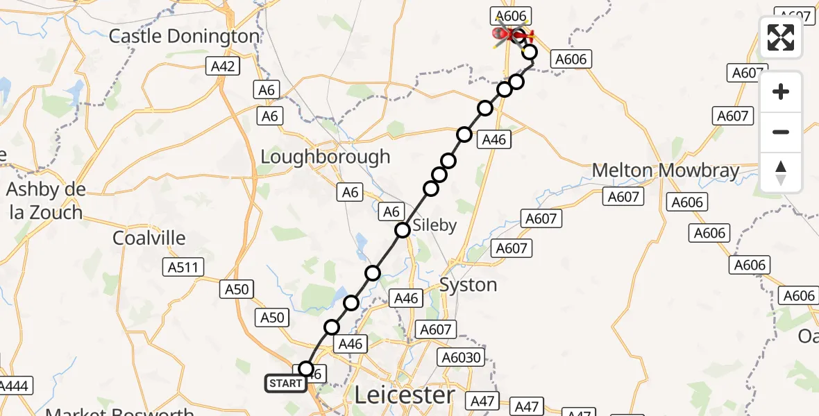Flight route Air Ambulance Helicopter Ratby - Nottingham Heliport, 10 September 2026, 11:10