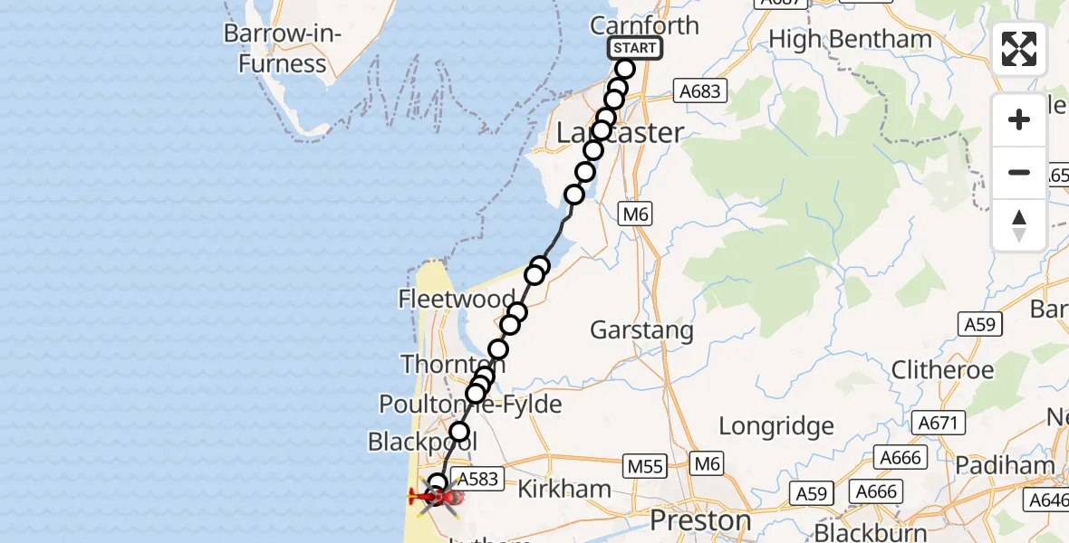 Flight route Air Ambulance Helicopter Bolton le Sands - Blackpool Airport, 10 September 2026, 11:12