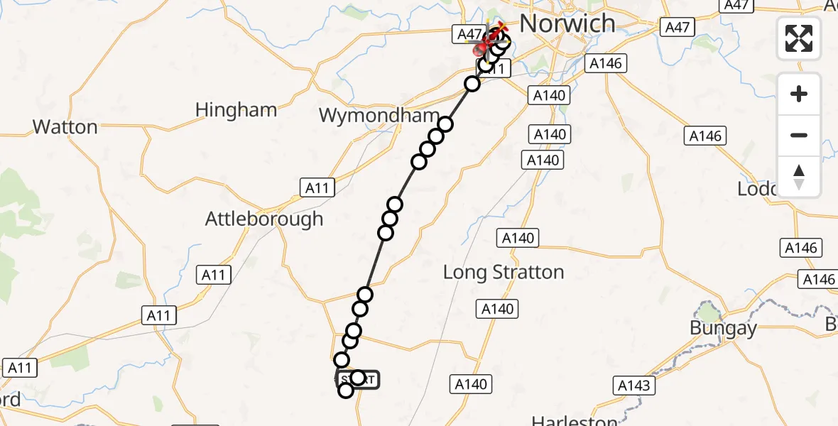 Flight route Air Ambulance Helicopter Diss - Norfolk & Norwich Hospital, 10 September 2026, 11:13