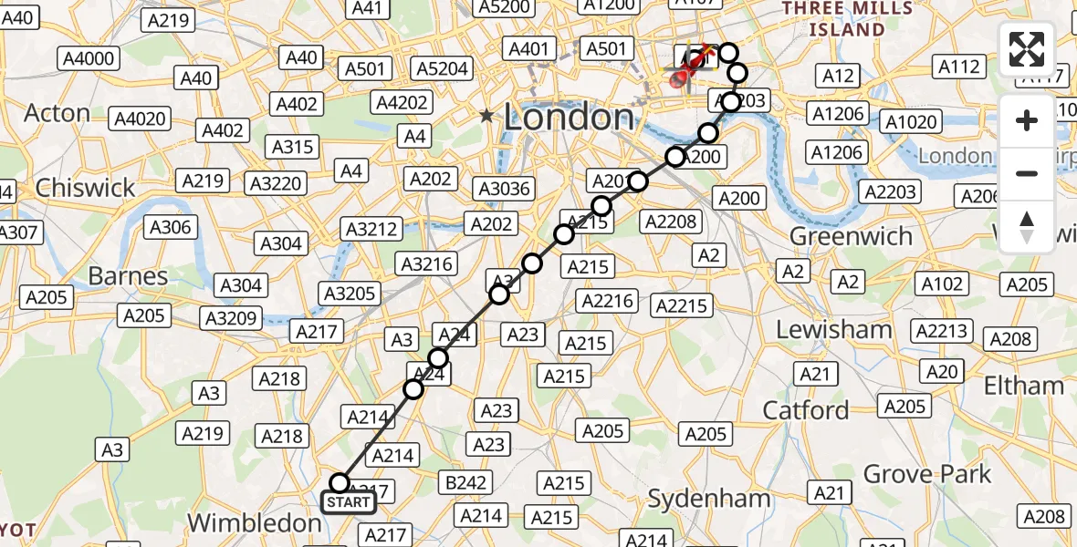 Flight route Air Ambulance Helicopter St Georges Hospital - Royal London Hospital, 10 September 2026, 11:20