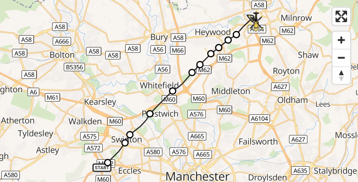 Flight route Police Helicopter Worsley - Rochdale, 10 September 2026, 11:24