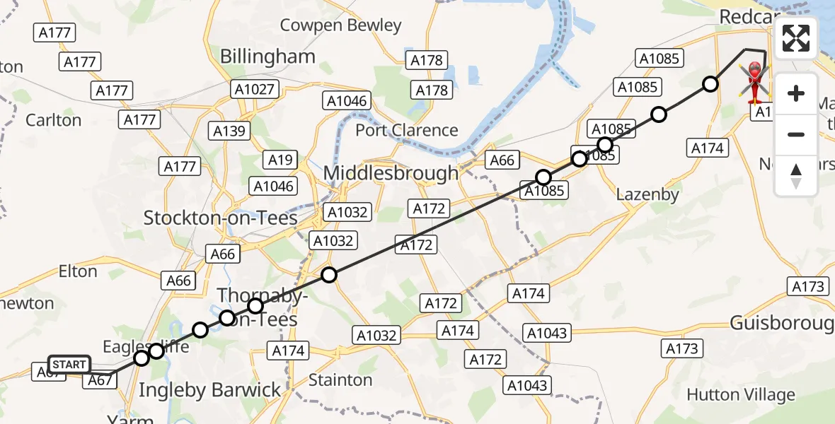 Flight route Air Ambulance Helicopter Egglescliffe - Redcar, 10 September 2026, 11:27