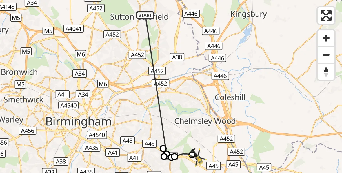 Flight route Police Helicopter Sutton Coldfield - Birmingham Airport, 10 September 2026, 11:34