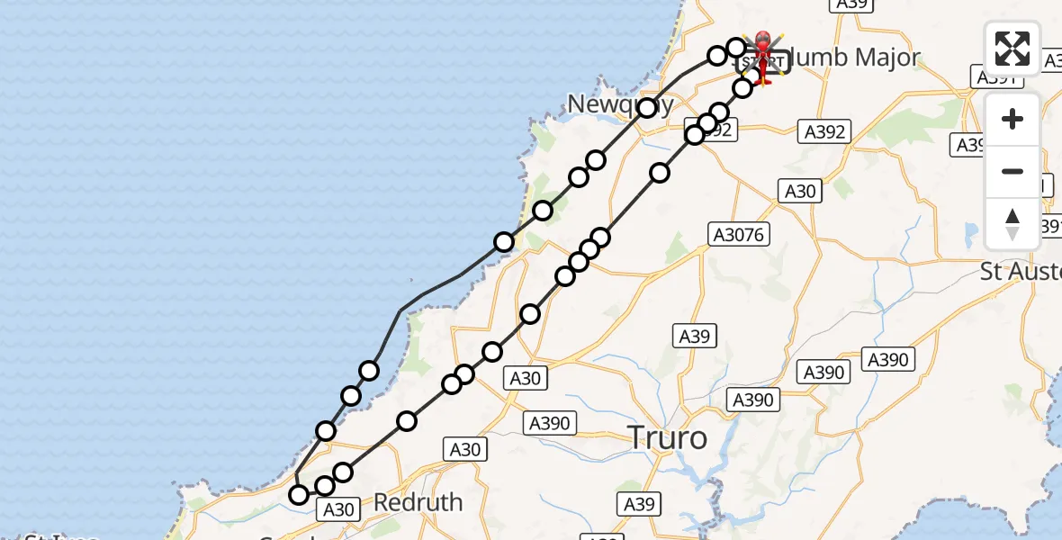 Flight route Air Ambulance Helicopter Cornwall Airport Newquay - Cornwall Airport Newquay, 10 September 2026, 11:35