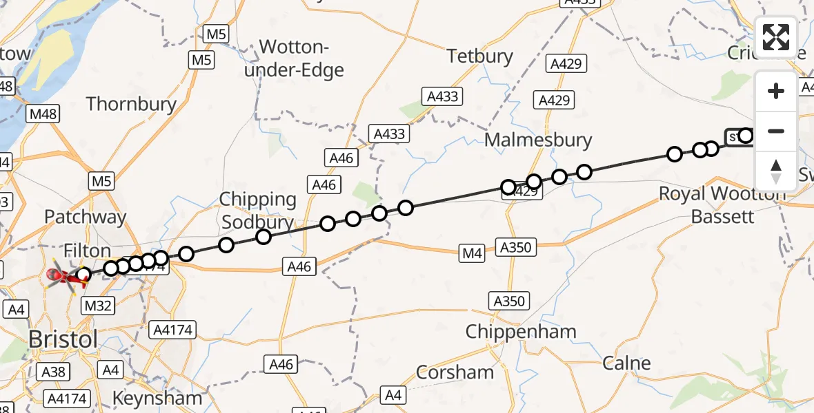 Flight route Air Ambulance Helicopter Swindon - Bristol, 10 September 2026, 11:41