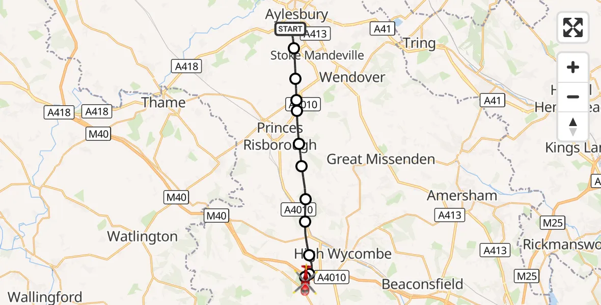 Flight route Air Ambulance Helicopter Aylesbury - Wycombe Air Park, 10 September 2026, 11:42