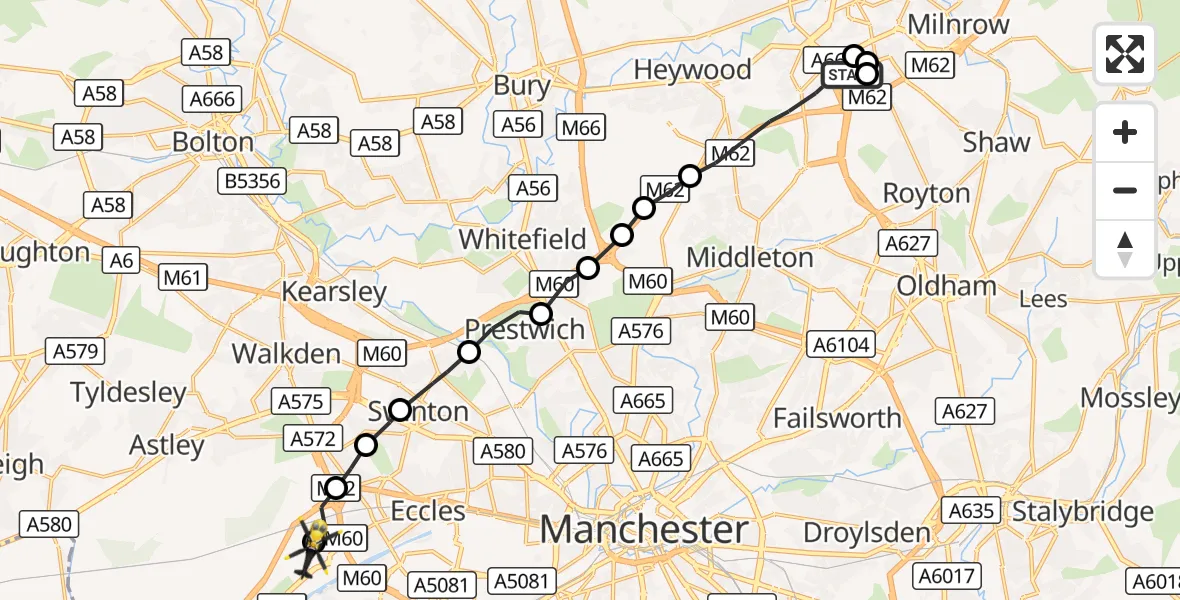 Flight route Police Helicopter Rochdale - Manchester Barton Aerodrome, 10 September 2026, 11:45