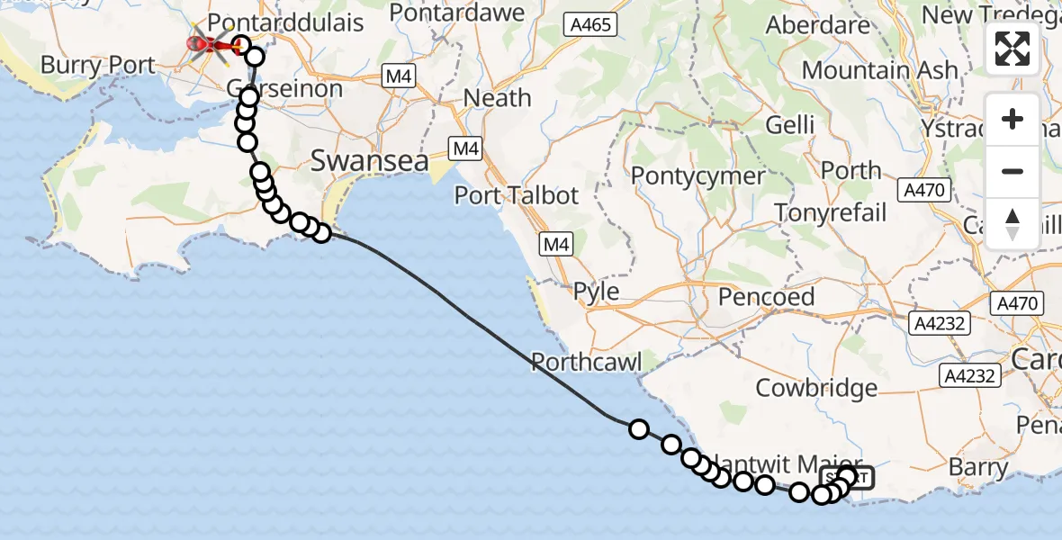 Flight route Air Ambulance Helicopter St Athan - Dafen, 10 September 2026, 11:49