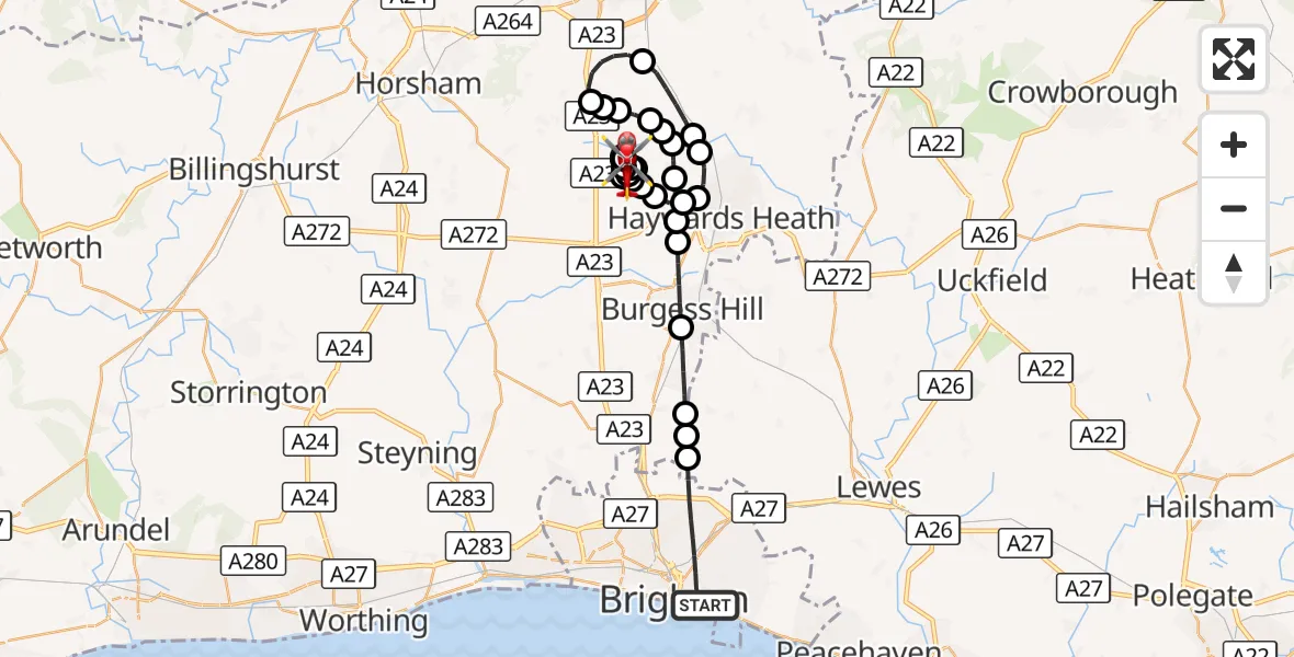 Flight route Air Ambulance Helicopter Brighton - Mid Sussex, 10 September 2026, 11:49