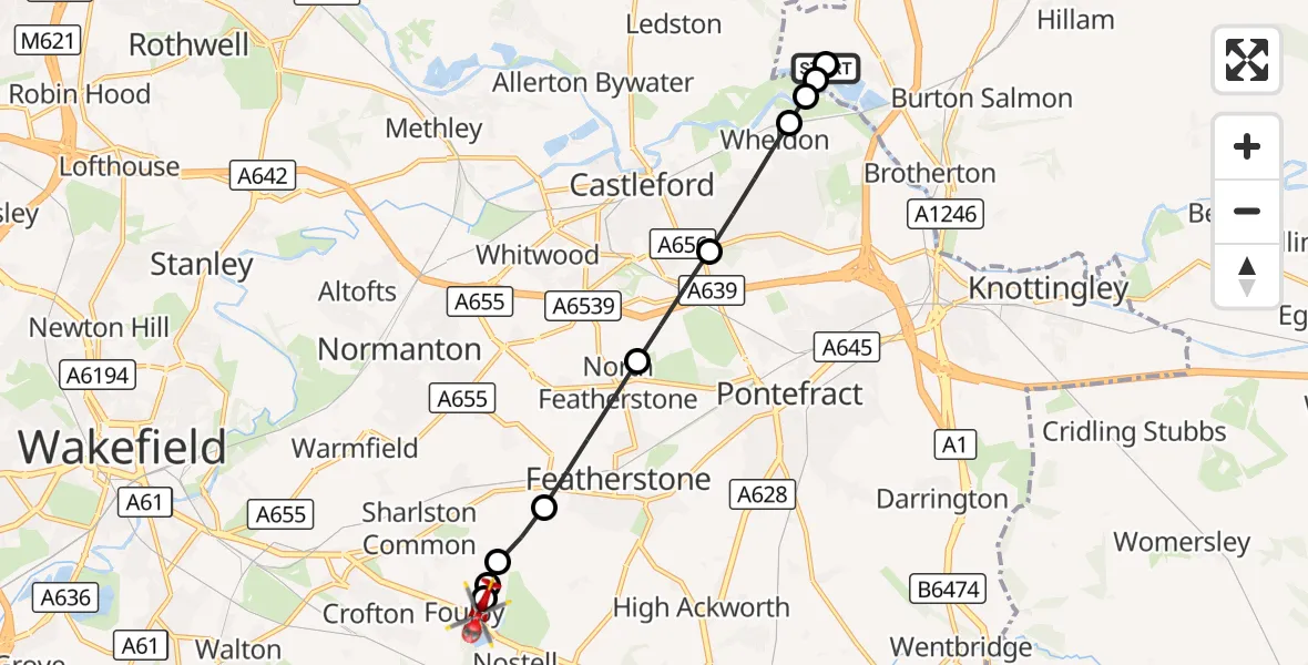 Flight route Air Ambulance Helicopter Ledston - YAA Nostell Helicopter Port, 10 September 2026, 11:51