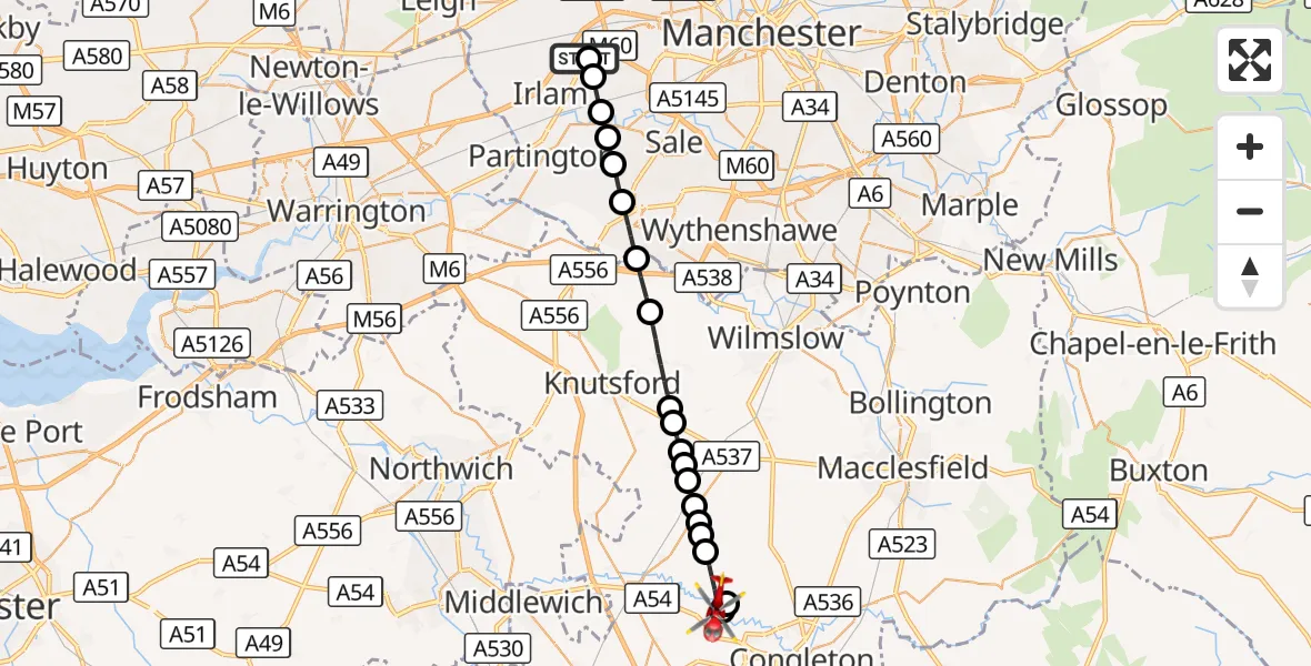 Flight route Air Ambulance Helicopter Manchester Barton Aerodrome - Swettenham, 10 September 2026, 12:08