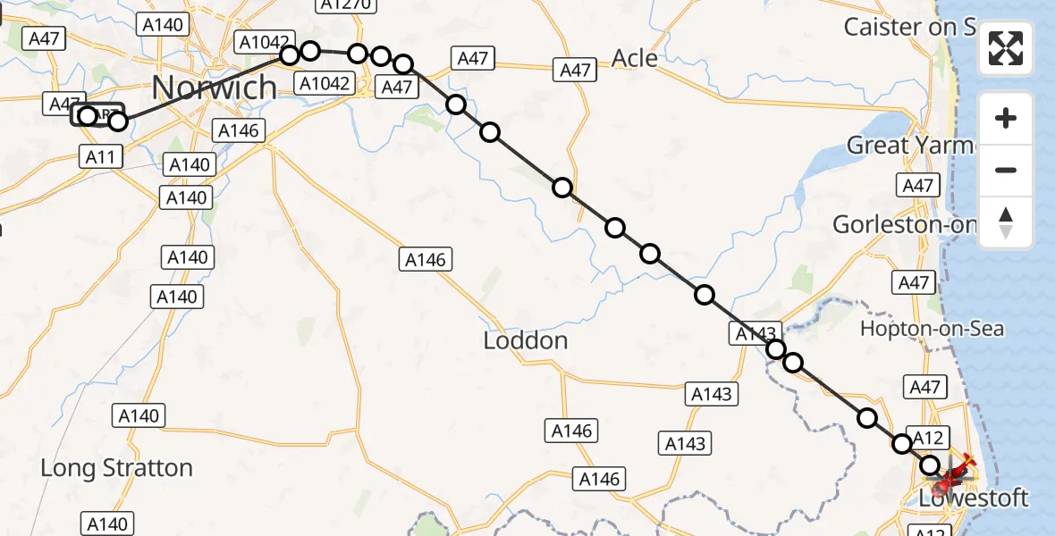 Flight route Air Ambulance Helicopter Norfolk & Norwich Hospital - Lowestoft, 10 September 2026, 12:13