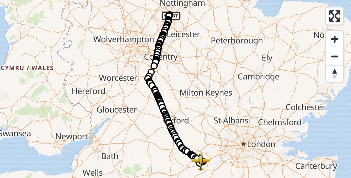 Flight route Police Aircraft East Midlands Airport - Blackbushe Airport, 10 September 2026, 12:14