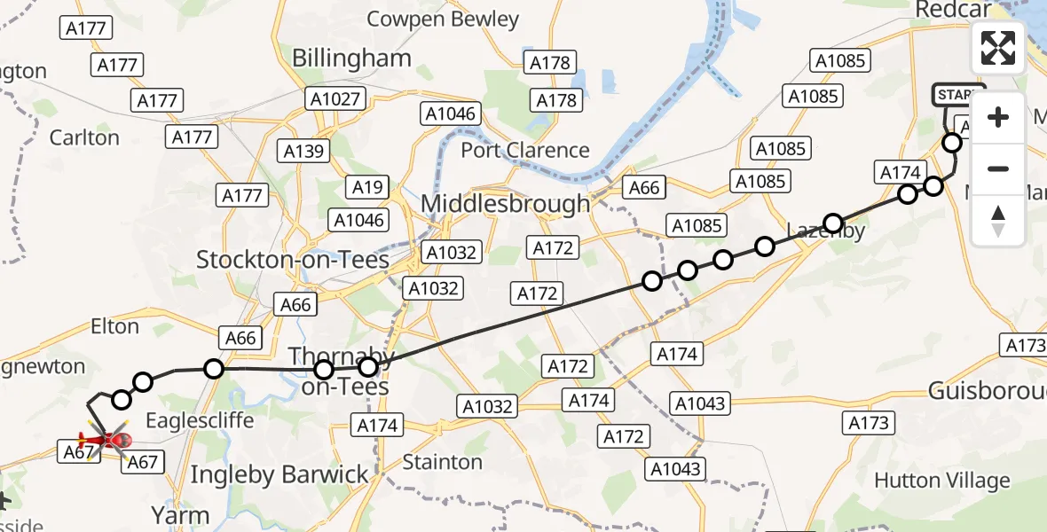 Flight route Air Ambulance Helicopter Redcar - Egglescliffe, 10 September 2026, 12:20