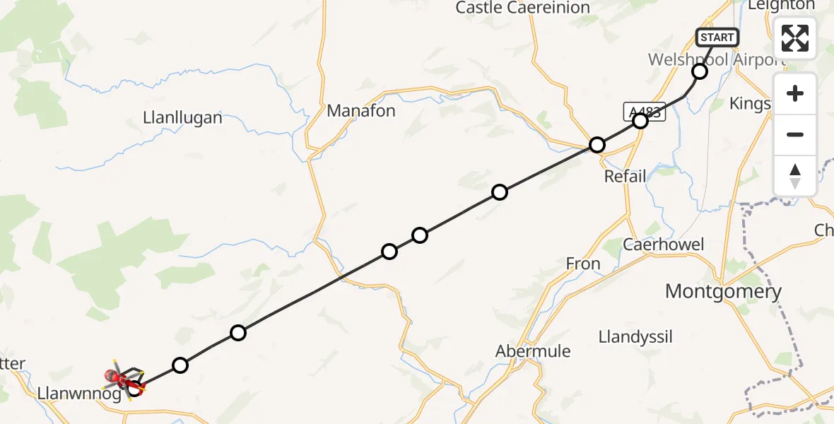 Flight route Air Ambulance Helicopter Welshpool Airport - Llanwnnog, 10 September 2026, 12:31