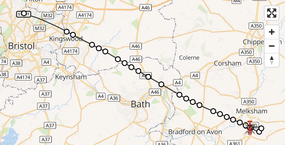 Flight route Air Ambulance Helicopter Southmead Hospital - Wiltshire Air Ambulance, 10 September 2026, 12:42