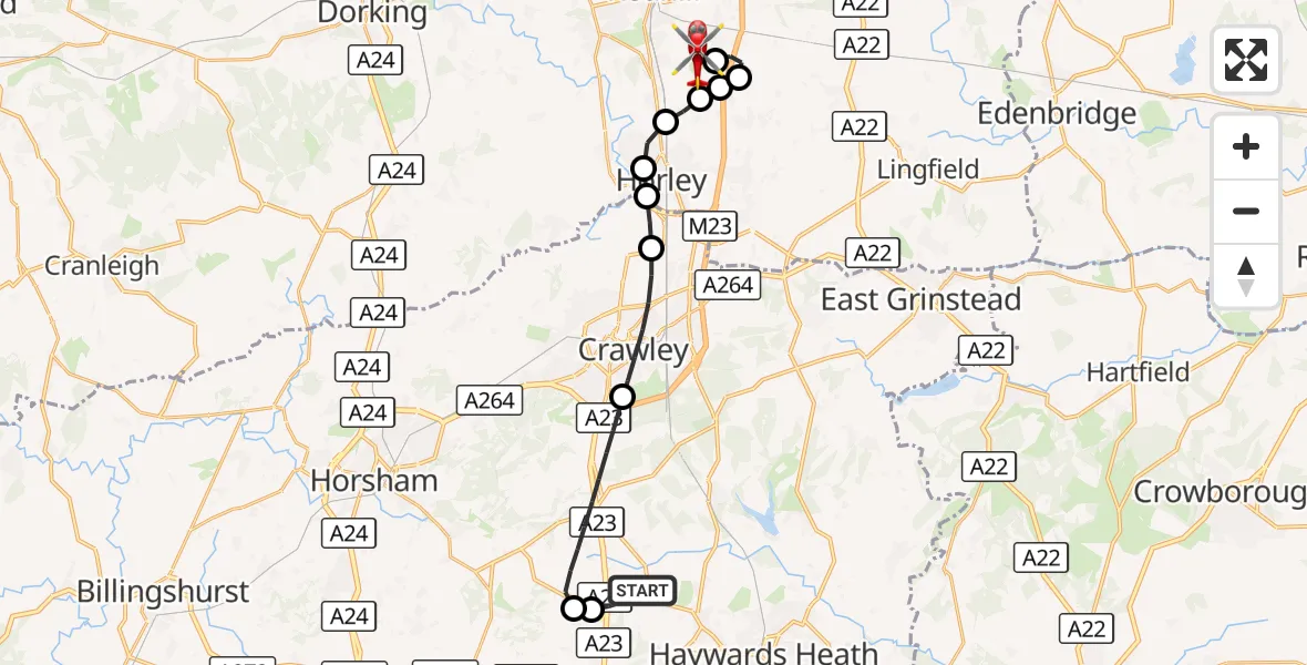 Flight route Air Ambulance Helicopter Mid Sussex - Redhill Aerodrome, 10 September 2026, 13:01