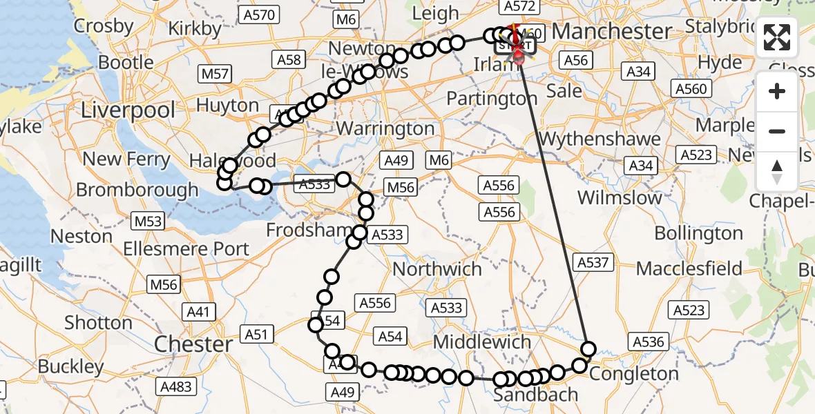 Flight route Air Ambulance Helicopter Manchester Barton Aerodrome - Irlam, 10 September 2026, 13:08