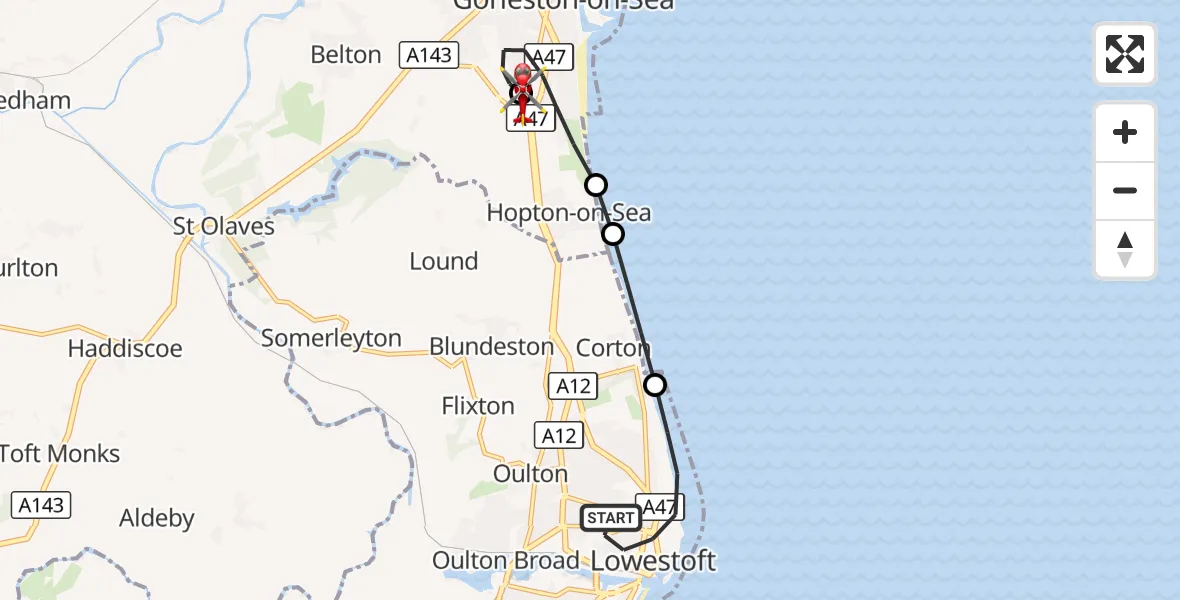 Flight route Air Ambulance Helicopter Lowestoft - James Paget Hospital, 10 September 2026, 13:20