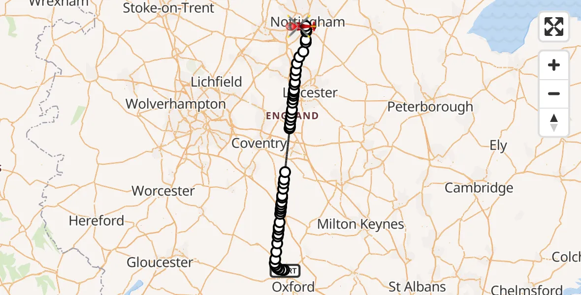 Flight route Air Ambulance Helicopter London Oxford Airport - City of Nottingham, 10 September 2026, 13:24