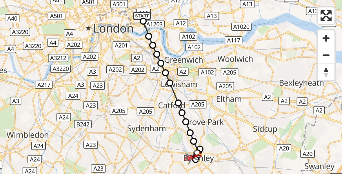 Flight route Air Ambulance Helicopter Royal London Hospital - Shortlands, 10 September 2026, 13:27