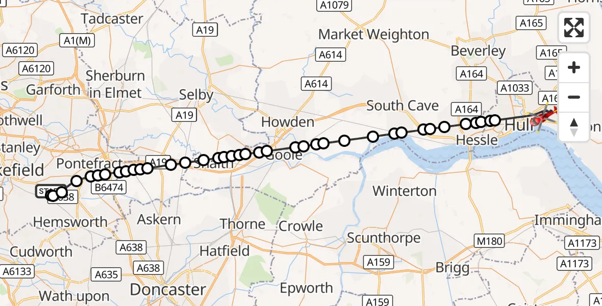 Flight route Air Ambulance Helicopter YAA Nostell Helicopter Port - Hull, 10 September 2026, 13:28