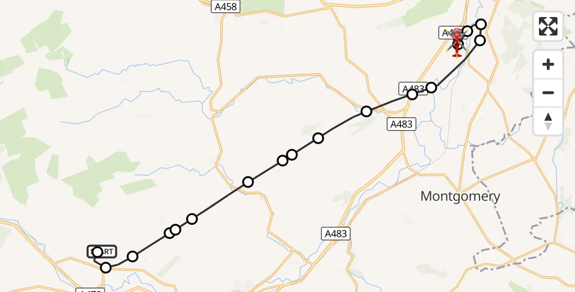 Flight route Air Ambulance Helicopter Caersws - Welshpool Airport, 10 September 2026, 13:37