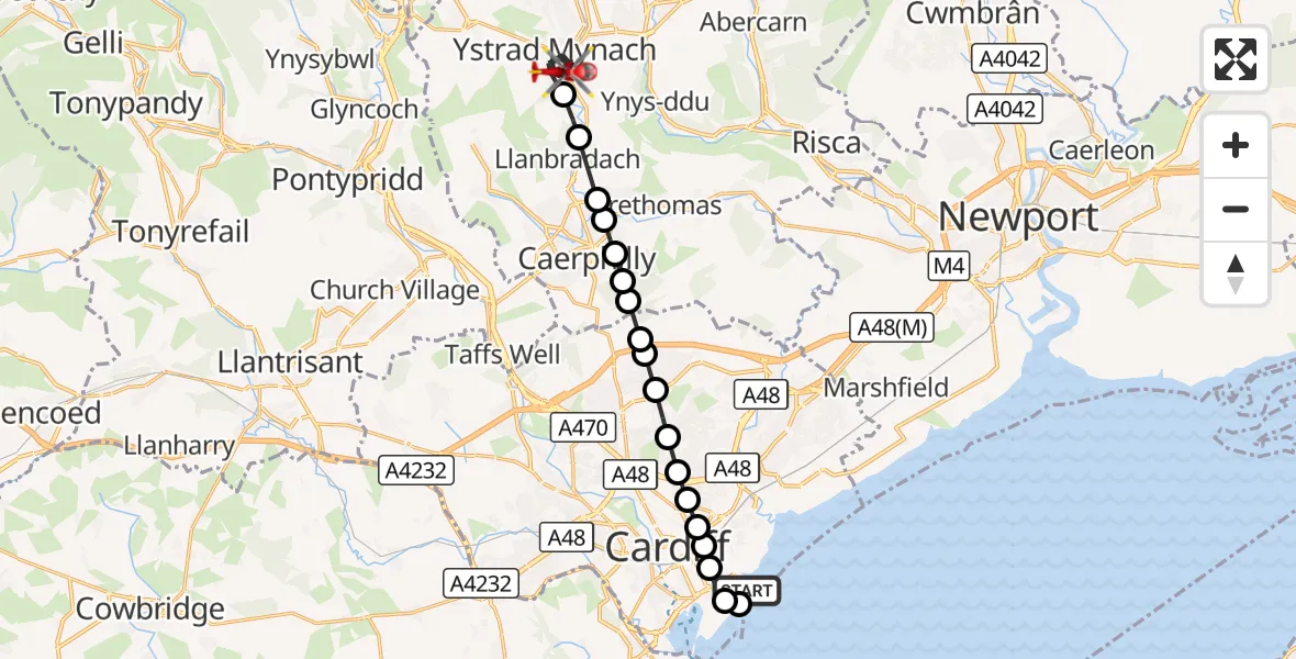 Flight route Air Ambulance Helicopter Cardiff Heliport - Maesycwmmer, 10 September 2026, 13:40