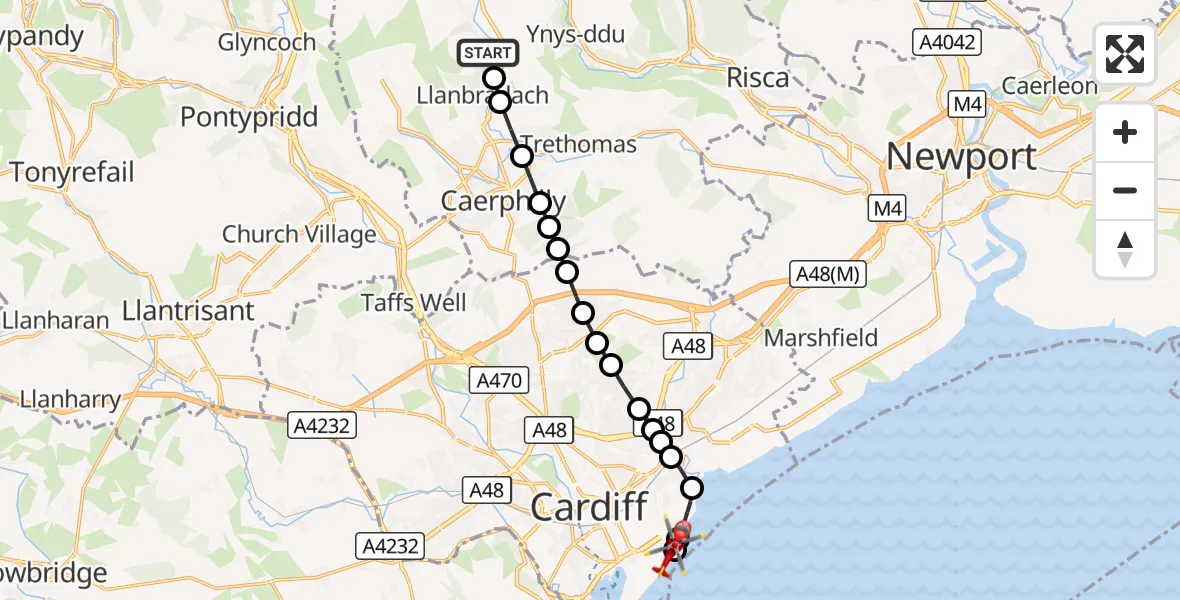 Flight route Air Ambulance Helicopter Ystrad Mynach - Cardiff Heliport, 10 September 2026, 13:53