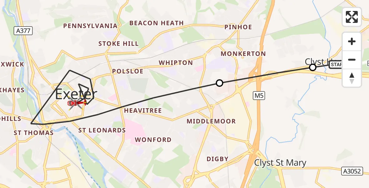 Flight route Air Ambulance Helicopter Exeter International Airport - Exeter, 10 September 2026, 14:04