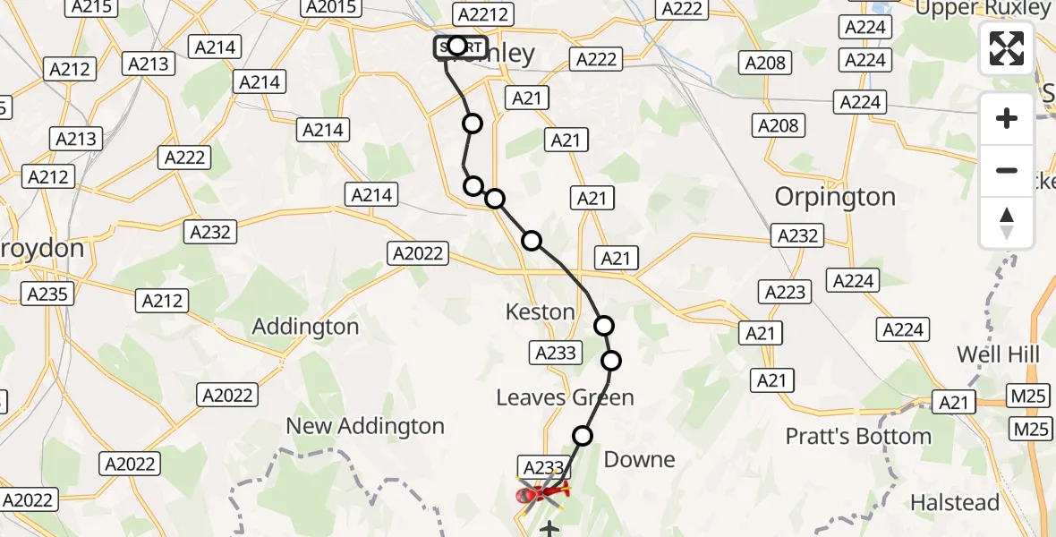 Flight route Air Ambulance Helicopter Shortlands - London Biggin Hill Airport, 10 September 2026, 14:11