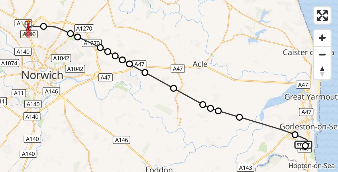 Flight route Air Ambulance Helicopter James Paget Hospital - Norwich Airport, 10 September 2026, 14:15