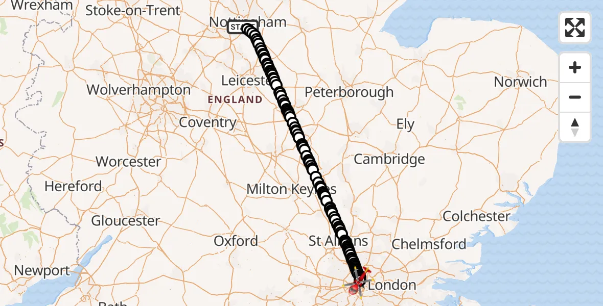 Flight route Air Ambulance Helicopter City of Nottingham - City of Westminster, 10 September 2026, 14:21