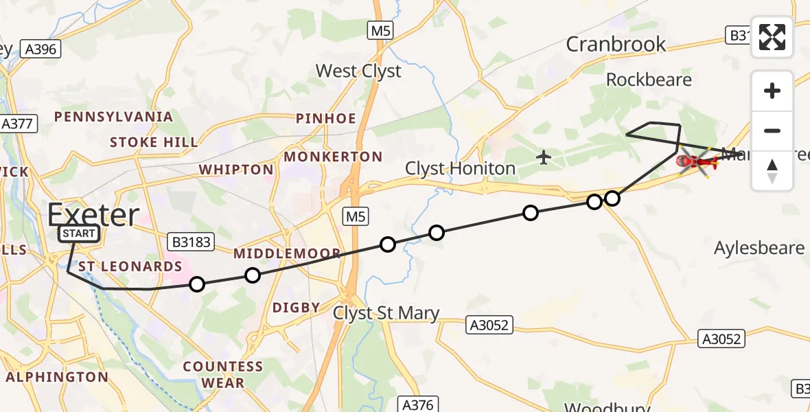 Flight route Air Ambulance Helicopter Exeter - Rockbeare, 10 September 2026, 14:25