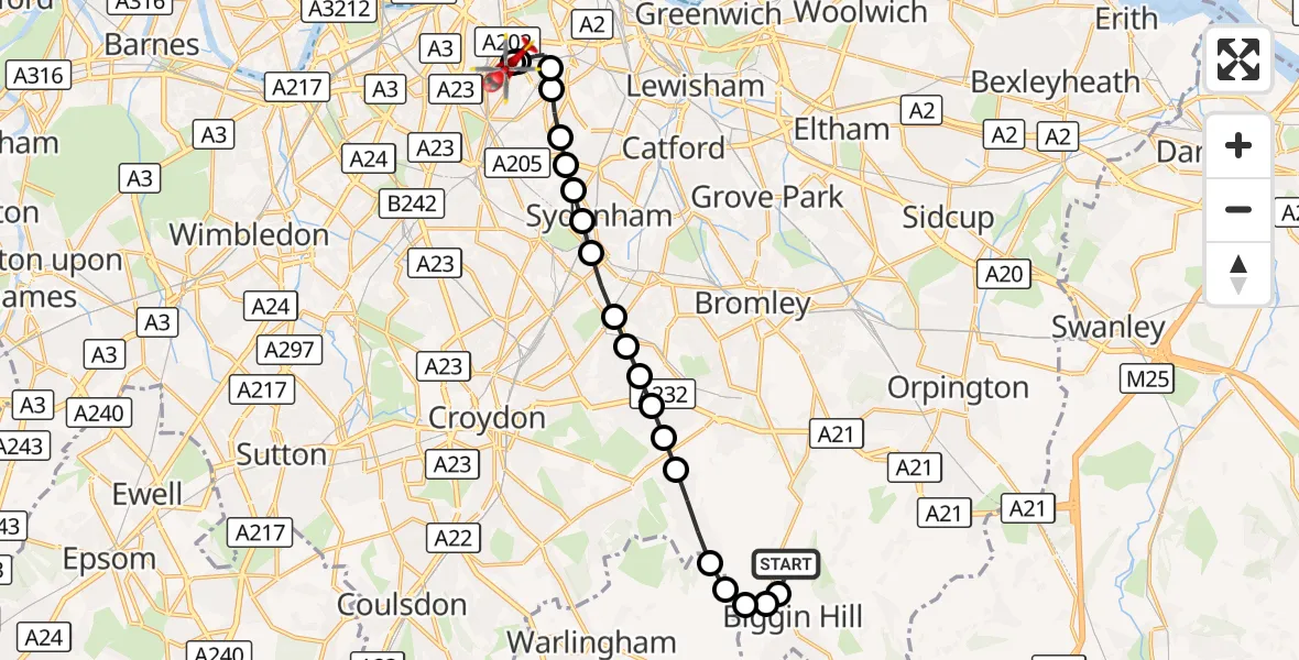 Flight route Air Ambulance Helicopter London Biggin Hill Airport - Kings College London Hospital, 10 September 2026, 14:31