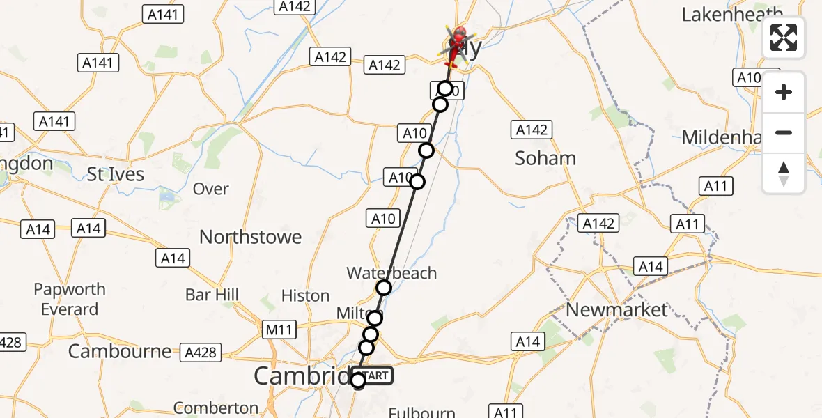 Flight route Air Ambulance Helicopter Cambridge City Airport - Ely, 10 September 2026, 14:35