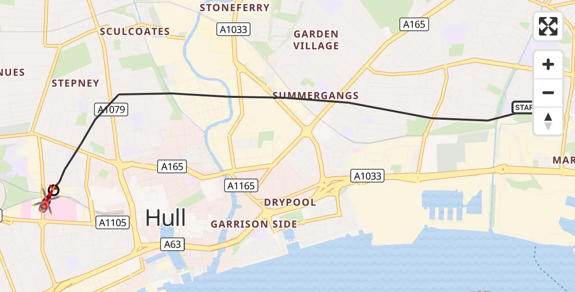 Flight route Air Ambulance Helicopter Hull - Hull Royal Infirmary, 10 September 2026, 14:36