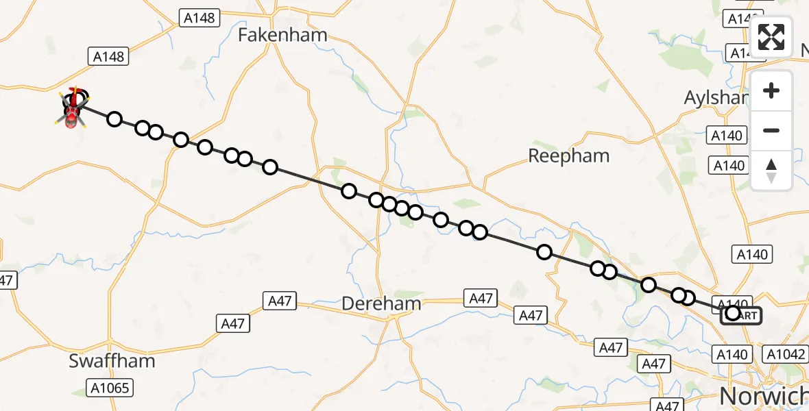 Flight route Air Ambulance Helicopter Norwich Airport - Little Massingham, 10 September 2026, 14:49