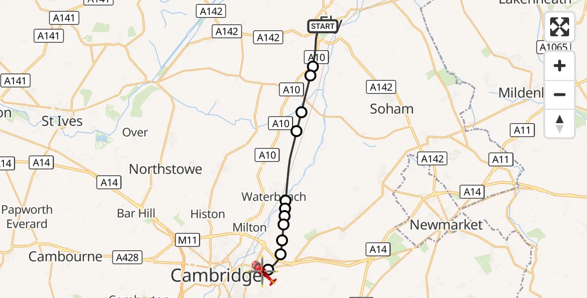 Flight route Air Ambulance Helicopter Ely - Cambridge City Airport, 10 September 2026, 14:53