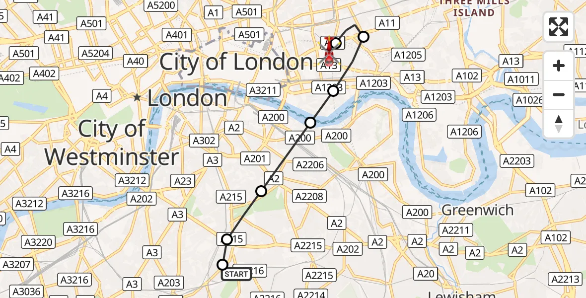 Flight route Air Ambulance Helicopter Kings College London Hospital - Royal London Hospital, 10 September 2026, 14:58