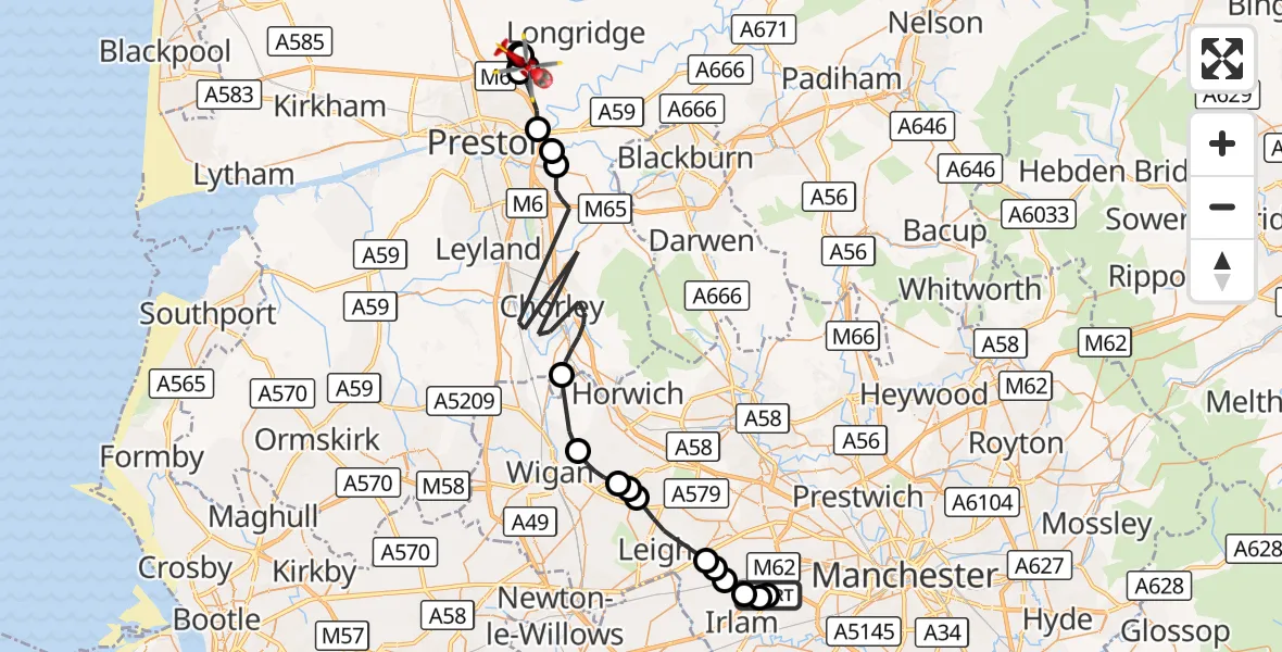 Flight route Air Ambulance Helicopter Manchester Barton Aerodrome - Grimsargh, 10 September 2026, 14:59